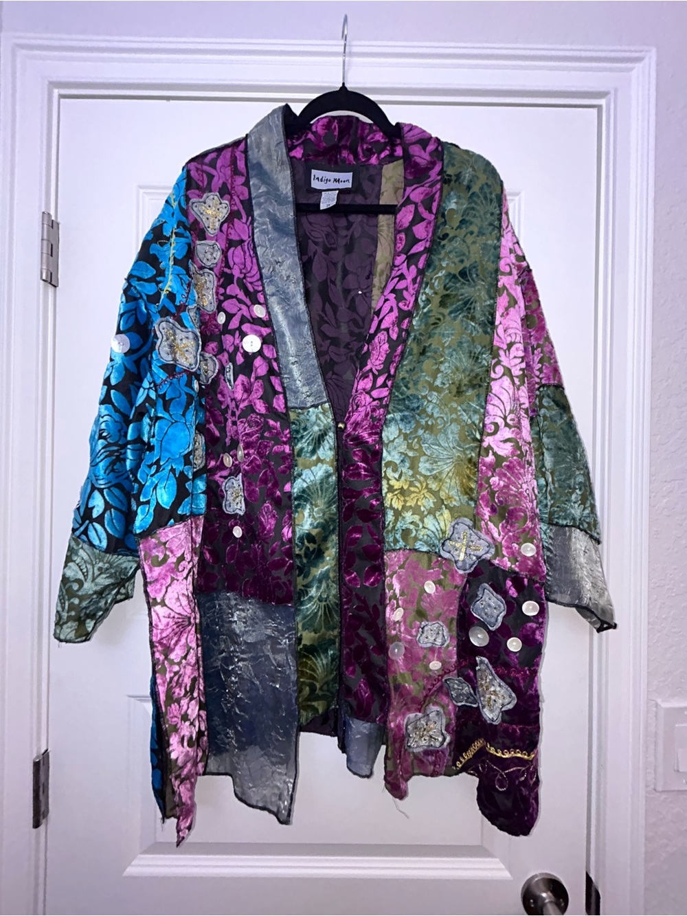 Indigo Moon Patchwork Mix Print Embellished Long Sleeve One Button Kimono Jacket - Picture 6 of 11